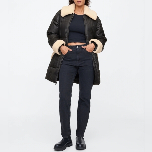 Womens GAP Relaxed ColdControl Long Sherpa Puffer Coat Black/ White Trim Quilted - Picture 3 of 10